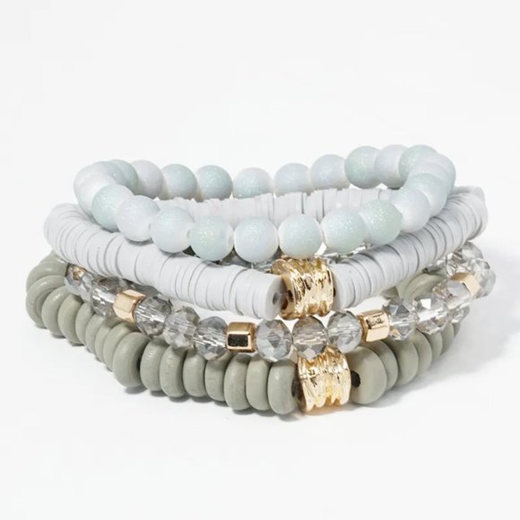 Bracelet 4 Stackable Stretch Beaded Clay Wood Glass Multi Gold Colored - Picture 6 of 8